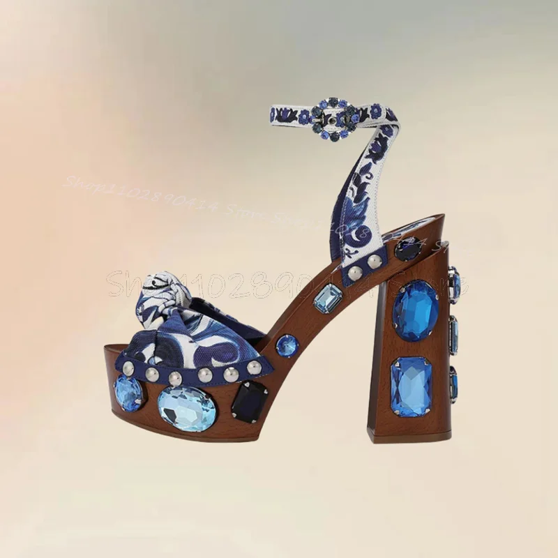 Blue White Porcelain Crystal Wooden Heel Sandals Ankle Buckle Strap Women Shoes Chunky High Heels Novel2024 Zapatos Para Mujere