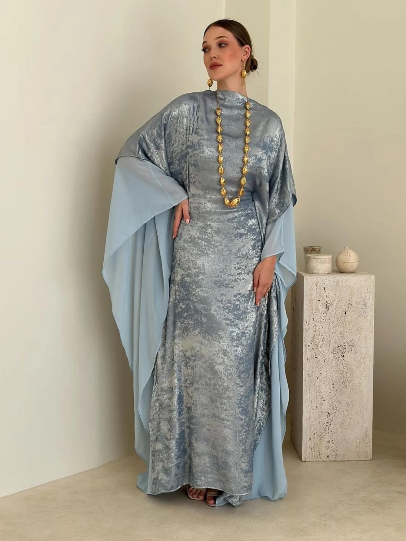 

Ид женское мусульманское платье Абая шифоновое лоскутное платье Рамадан с рукавами «летучая мышь» Марокко Дубай Джалабия Кафтан Vestidos Largos арабский длинный халат