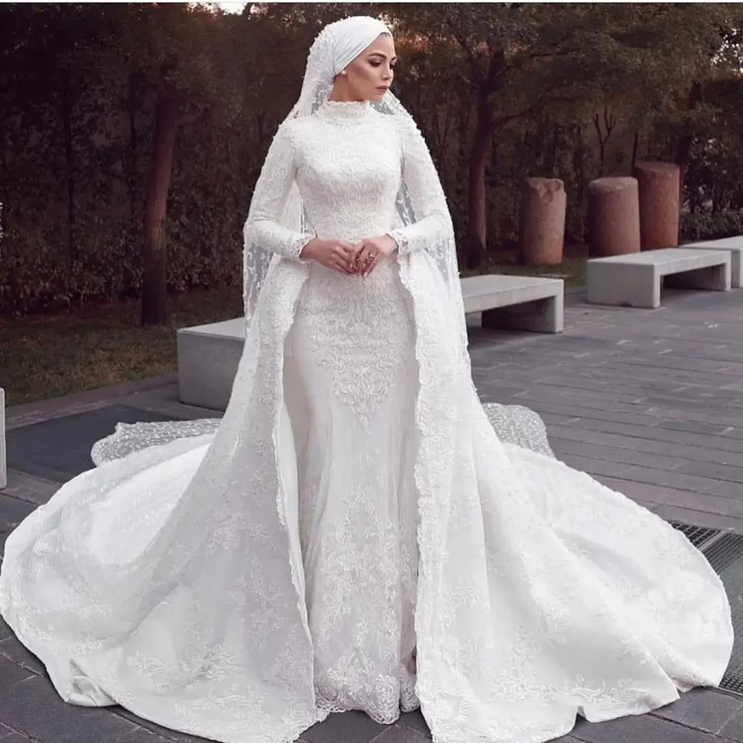 Robe de mariée sirène musulmane personnalisée avec poignées, train amovible, appliques en dentelle, surjupe, cour, train, patients vintage, quoi que ce soit