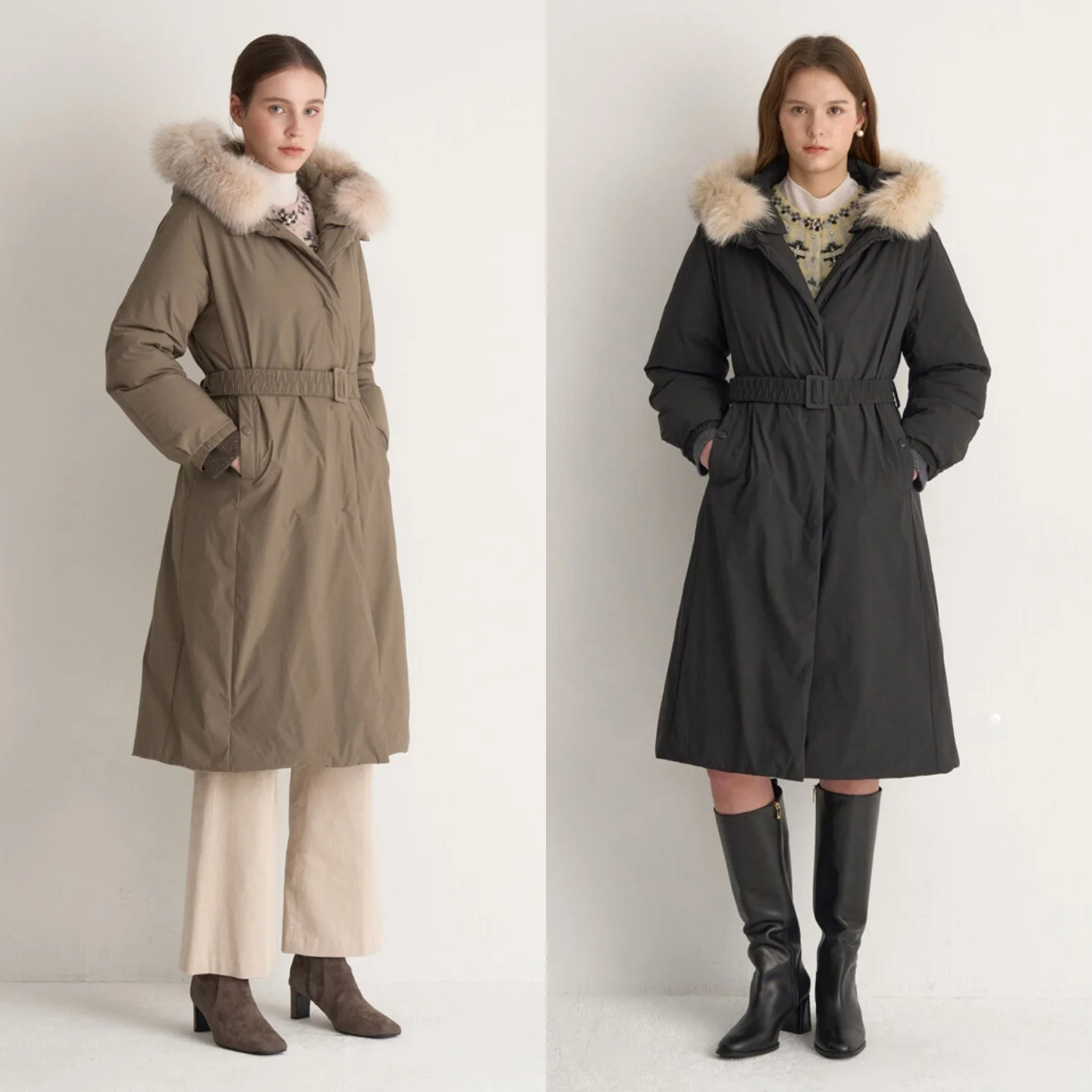 

Пуховик с меховым воротником и отстегивающимся капюшоном, утепленный гусиным пухом, свободного кроя, в корейском стиле, удлиненный.