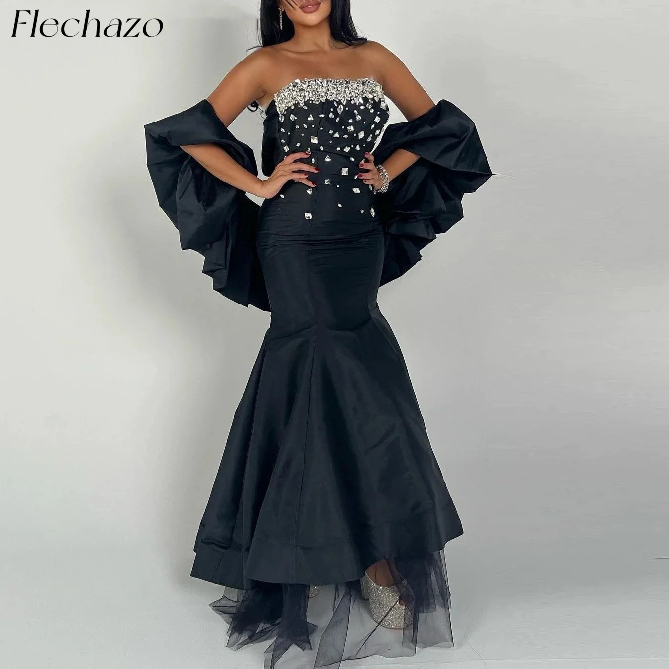 

Flechazo Customized Black Prom Gown Strapless Beading Crystal Floor Length Formal Evening Party Dress For Women robes de soirée