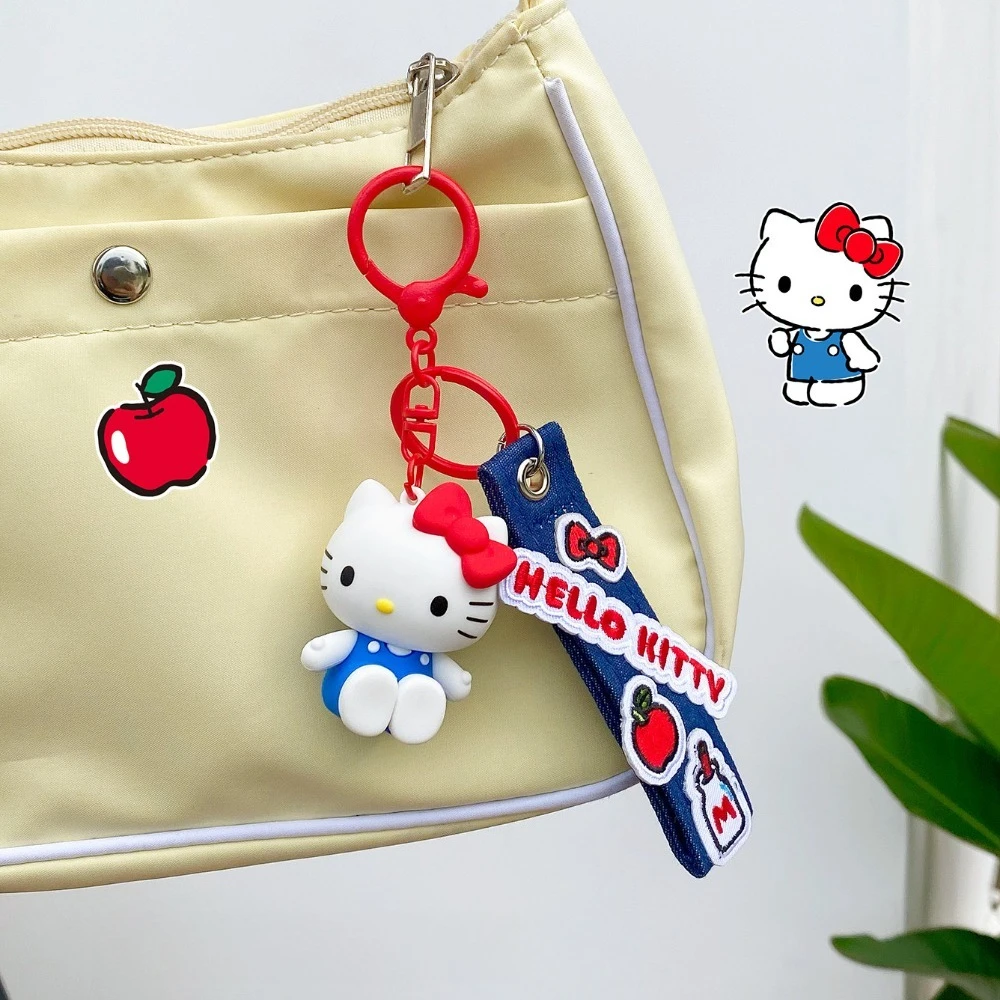 Sanrio Authentic Hello Kitty Denim Bow Series Keychain Cute Bag Pendant Car Key Chain Girl Phone Lanyard Charm Hanging Chain