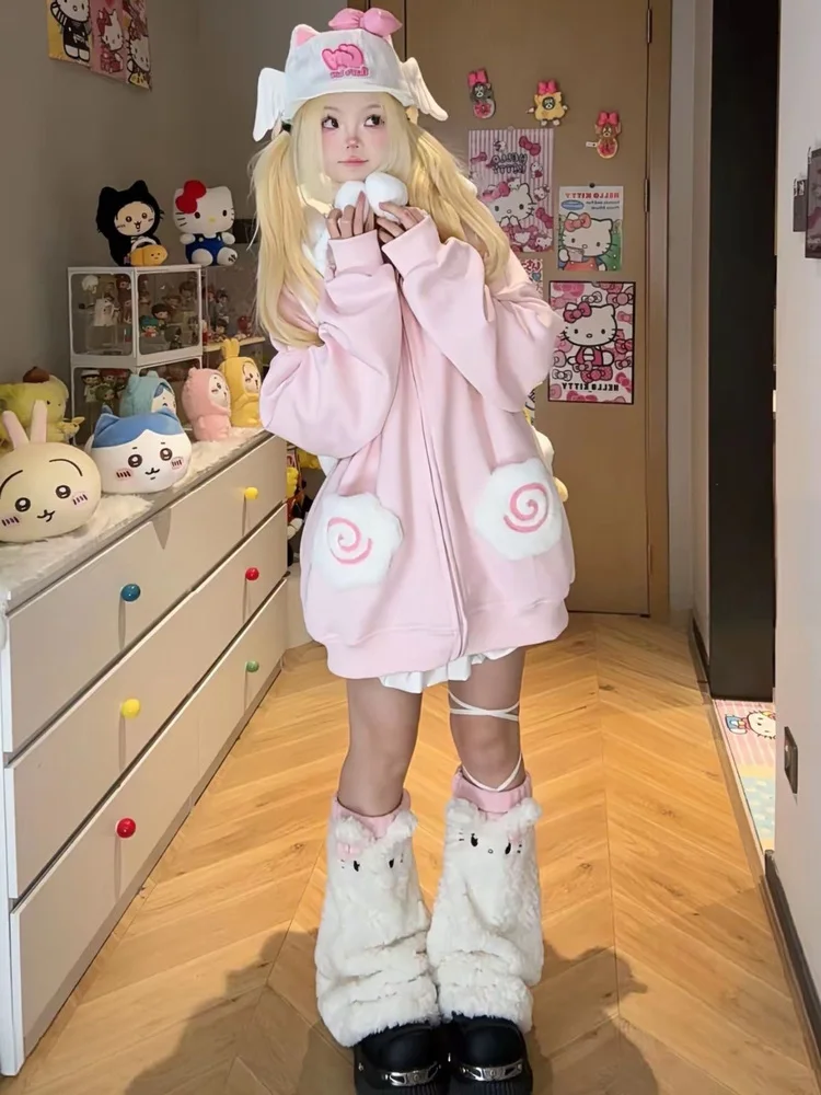 Kawaii Japans meisje Thiened Fce Hoodie Herfst Winter Loose Fit Cartoon Print Lange Sve Rits Vest Sle Sweatshirt