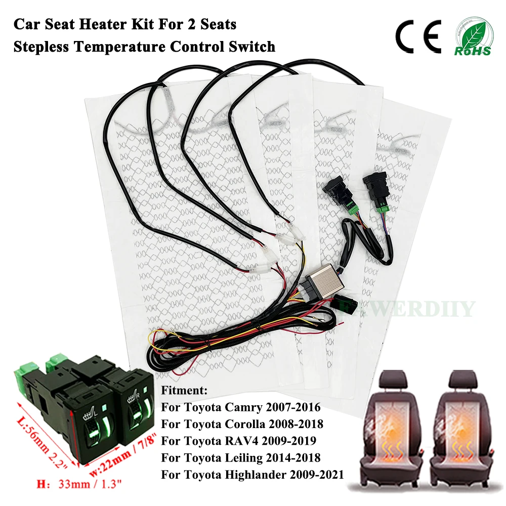 Car Seat Heater Fit 2 Seats 12V 25W Carbon Fiber Heating Pad Dual Control Switch Replace Reserved for Toyota Camry RVA4 2009-19