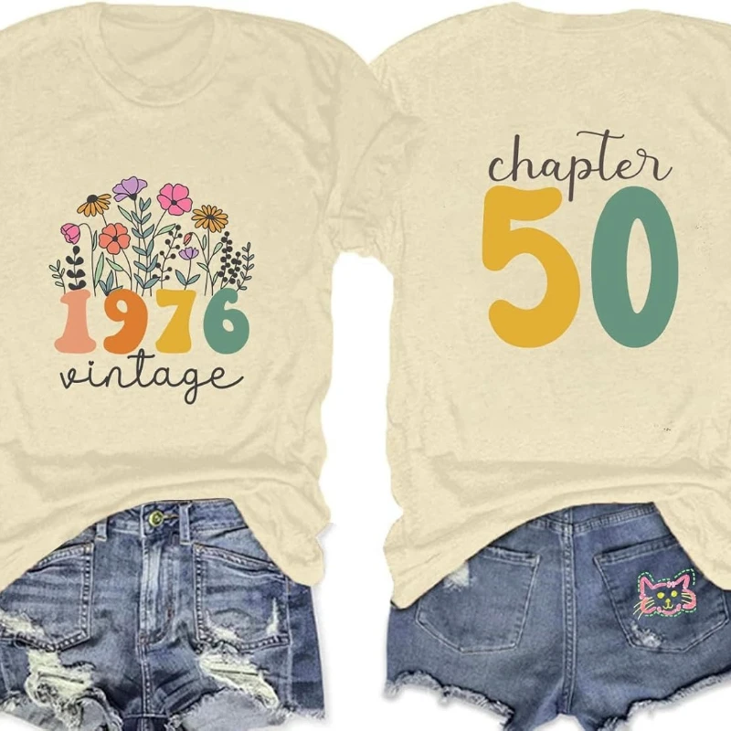 Vintage 1976 for Women Chapter 50 Birthday Party Double-Sided Print T-Shirt Crewneck Casual Style Cotton Regular Short Sleeve