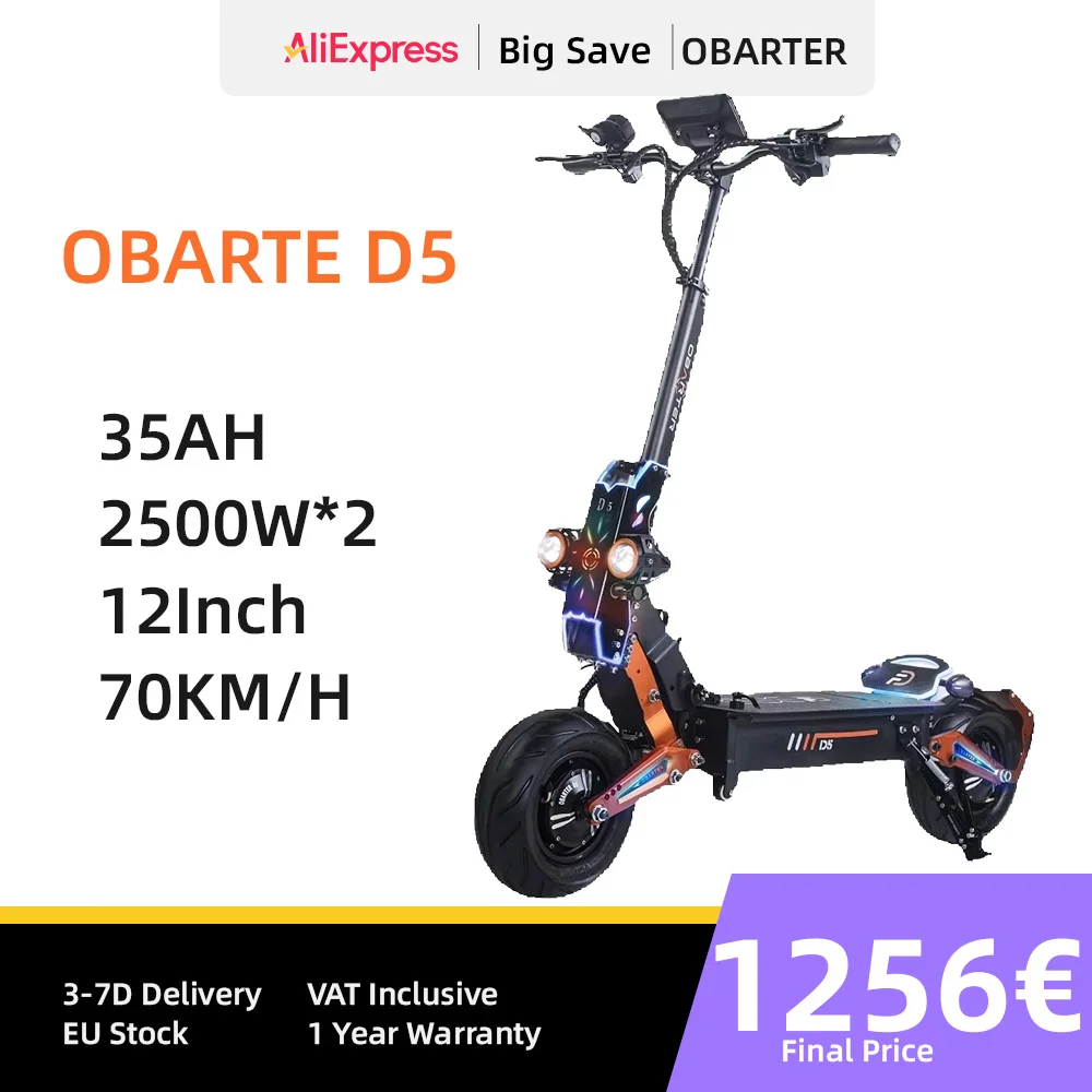 OBARTER D5 Electric Scooter 12inch Vacuum Tire 2*2500W Motor 60-70km/h Max Speed Removable 35Ah Battery for 60-120km Super Range