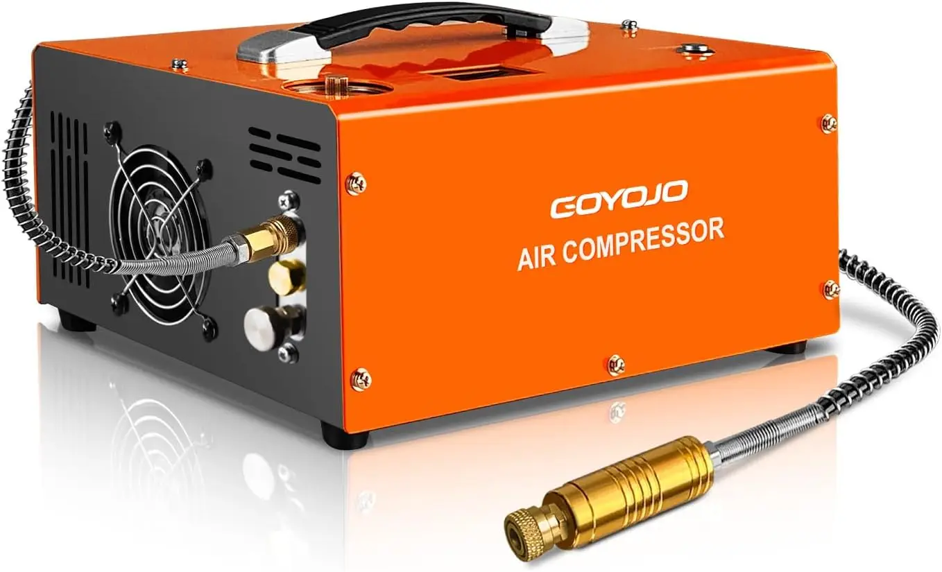 

Portable PCP Air Compressor, 4500 PSI Max, Fast Fill for Airguns & Paintball Tanks, Auto Shut-Off, Dual Power 12V/120V