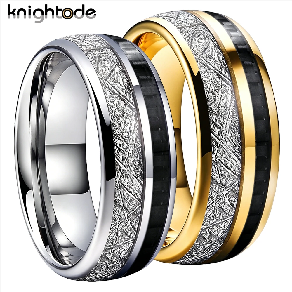 

8mm Men's Tungsten Carbide Wedding Band White Meteorite/Black Carbon Fiber Valentine Engagement Ring Dome Polished Comfort Fit