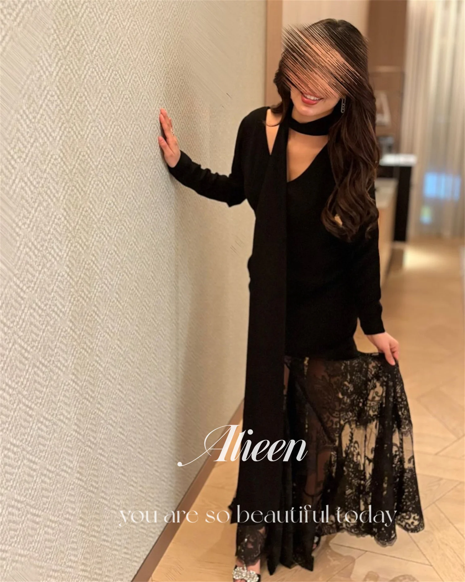 Aileen Zwarte Luxe Avondjurken voor Dames 2025, Luxe Aangepast فسات Mohamed 1914 Kant Vestidos De Festa Lange Mouwen Jurk Gala