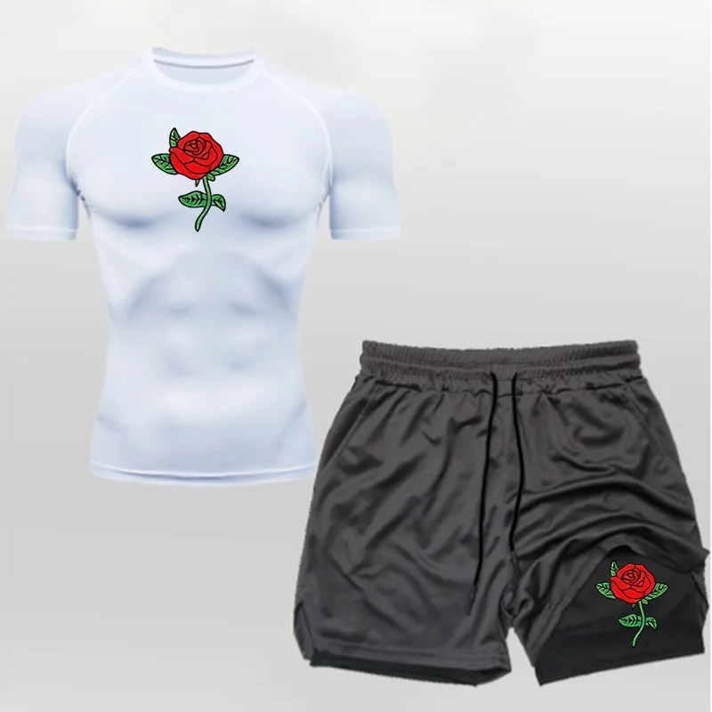 Новинка 2025 года, мужская рубашка для спортзала, спортивная футболка для бега, быстросохнущие шорты 2-в-1 с короткими рукавами, летние, спортивный комплект для фитнеса и бега