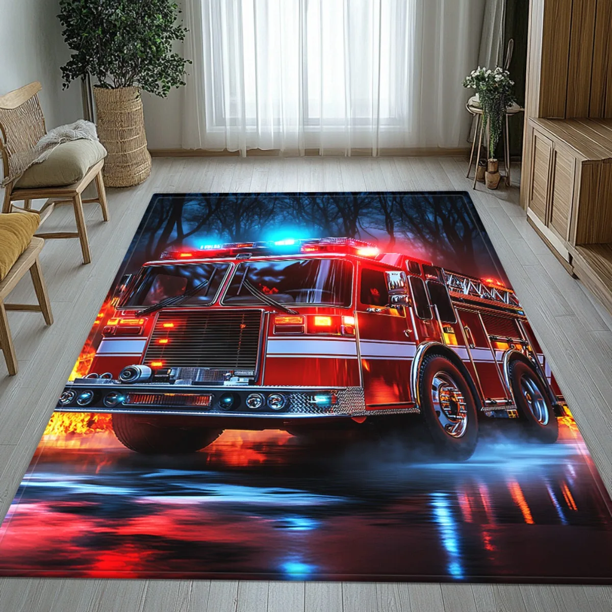 

Fire Truck Emergency Vehicle Crystal Velvet Rug Red Light Reflection 3D Print Home Decor Soft Floor Mat For Living Room