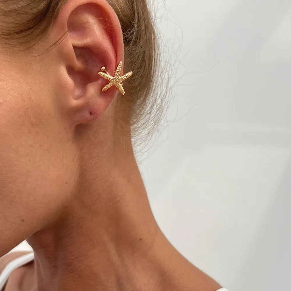 Vacation Fake Piercing Starfish Shell C-shaped Clip earrings Metal Flower Sun Moon Gold Color ear cuff for Women Fashion Jewelry