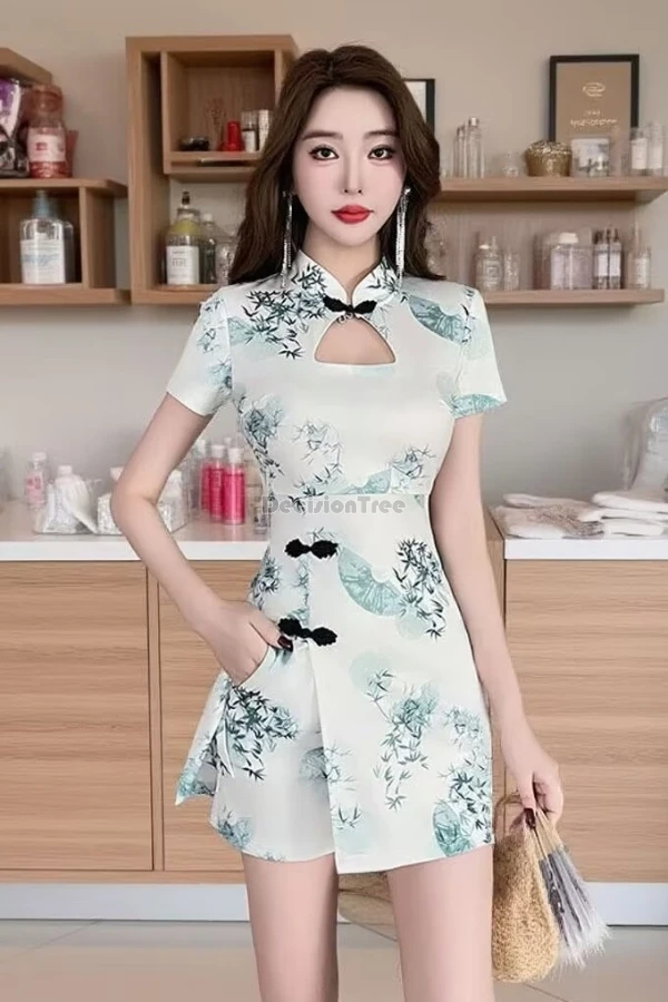 

2025 new chinese improved elegant printed short cheongsam dress bath technicians work clothes beautician spa women uniform qipao