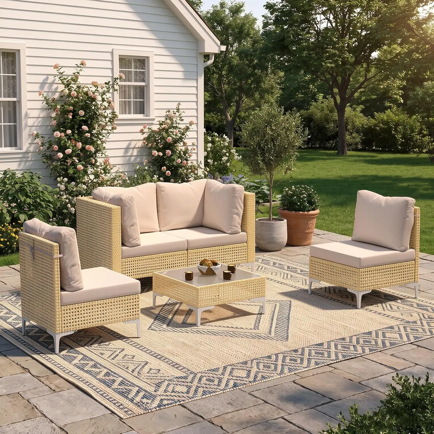 Boho Outdoor Patio Furniture Set - 5 Piece | Outdoor Wicker Sectional Couch, Weave Rattan Sofa, with Coffee Table &, Customized