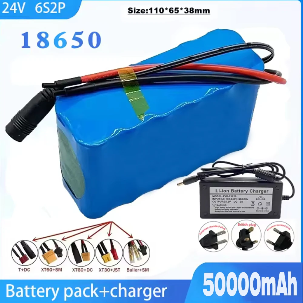 

24V 50Ah 18650 Lithium Battery Pack - 6S2P 50000mAh Rechargeable Li-ion Battery with Fast Charger, Safe & Durable