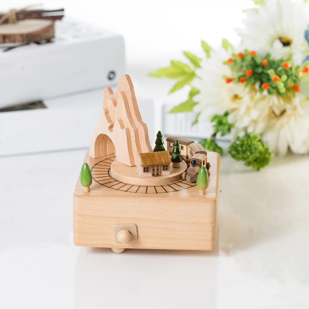 Wooden Carousel Music Box Ornaments Rotatable Hand-cranked Music Box DIY Handmade Birthday Christmas Gift Children’s Toys