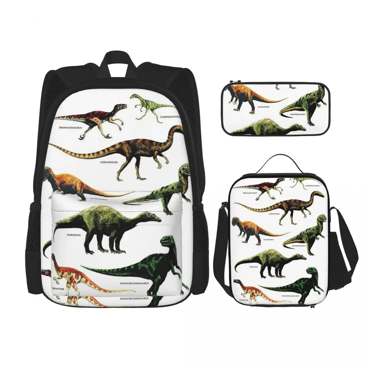 DINOSAUR SPECIES VINTAGE RETRO 80s DINO DINOSAURS Backpacks Bookbag School Bags Kids Rucksack Lunch Bag Pen Bag Three-Piece Set