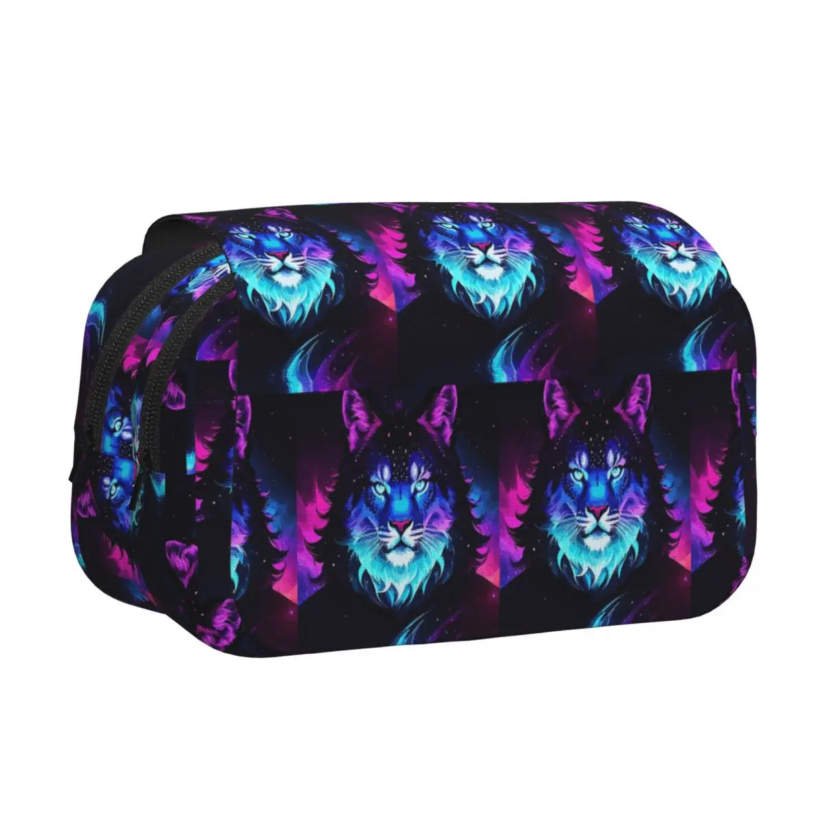 Cosmic Neon Tiger Spirit Space Galaxy Wolf Lion Face Pencil Cases Pencil Pouch Leather Large Capacity Pen Box Pencil Bag