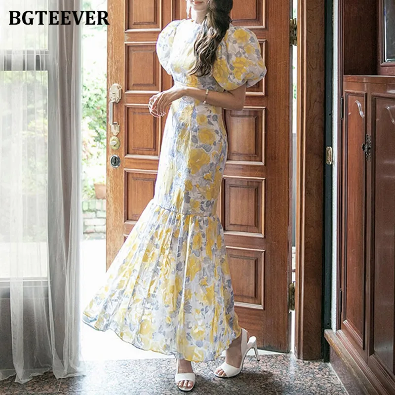 BGTEEVER Vintage Lantern Sleeve Floral Bodycon Dress Women O-neck Slim Waist Female Mermaid Dress Summer Elegant Ladies Vestidos