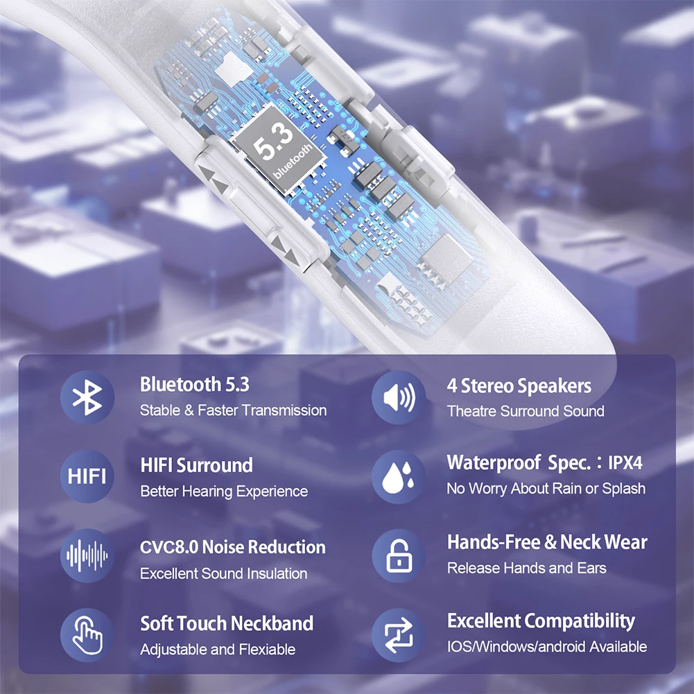 Alto-falante com faixa de pescoço, compatível com bluetooth 5.0, alto-falante pendurado no pescoço, ipx4, à prova d'água, em forma de u, para viagens, caminhadas, ciclismo