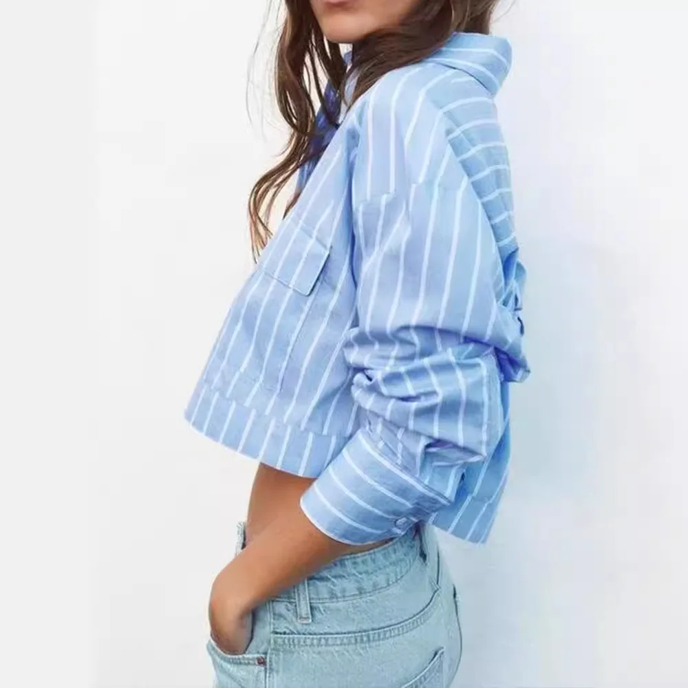 2024 Summer Office Lady\'s Long Sleeved Striped Short Shirt Cotton Women\'s Casual Shirt With Pockets