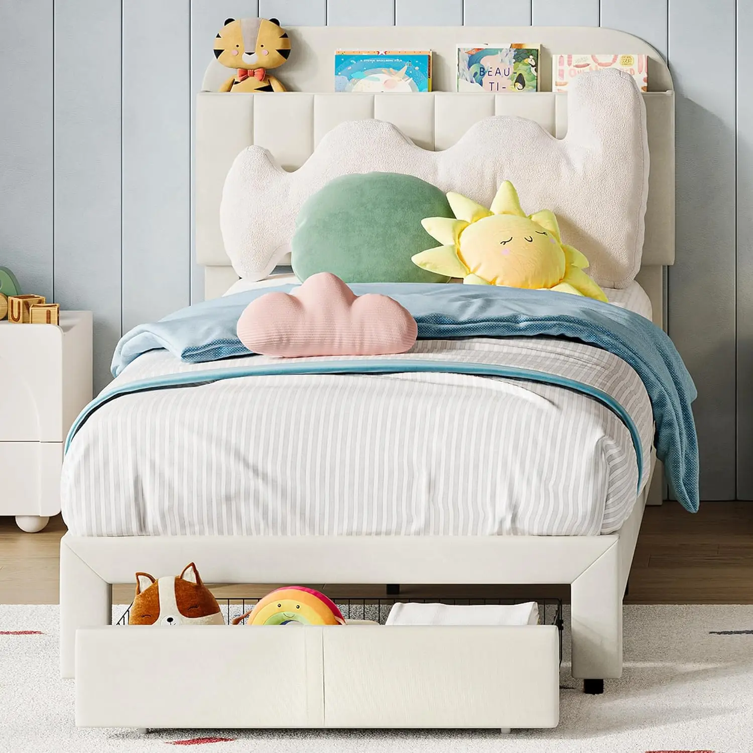 إطار سرير مزدوج، سرير بمنصة منجدة مخملية مع لوح أمامي لخزانة الكتب للأطفال والبنات، أرجل دعم فولاذية شديدة التحمل، سهلة التجميع