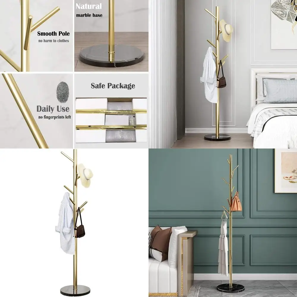 

Золотистая атласная стальная вешалка для одежды с мраморным основанием и крючками для шляп и пальто, отдельно стоящая, простая в сборке, подходит для спальни