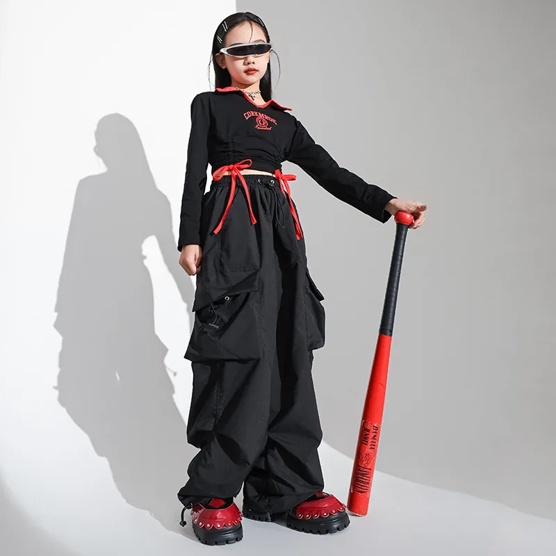 طفل الهيب هوب الملابس السوداء الرباط المحاصيل الأعلى كم طويل تي شيرت عادية واسعة البضائع السراويل لفتاة ملابس رقص الجاز الملابس #1