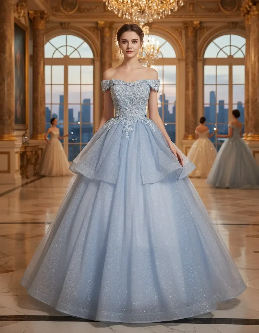 

Light Blue Off Shoulder Glitter Tulle Ball Gown with Lace Appliques Quinceanera Prom Dress with Free Petticoat