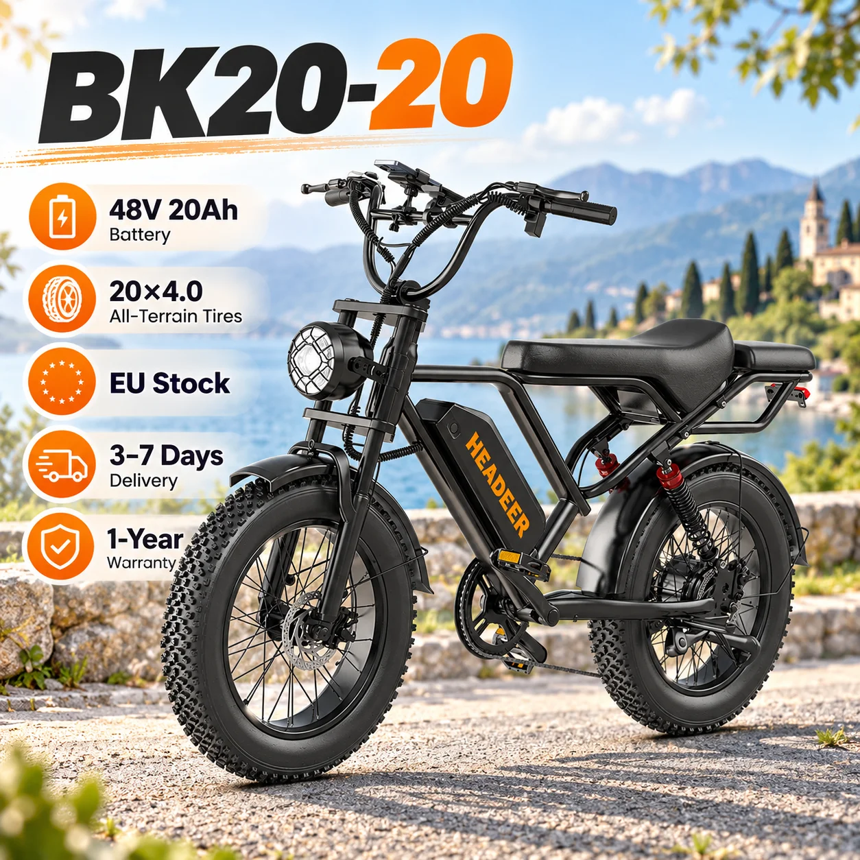 BK20-20 Bicicletta elettrica da fuoristrada per adulti, adatta a tutti i tipi di terreno, con batteria al litio da 48 V e 20 Ah, pneumatici larghi da 20" x 4.0, sistema di freni a disco meccanici