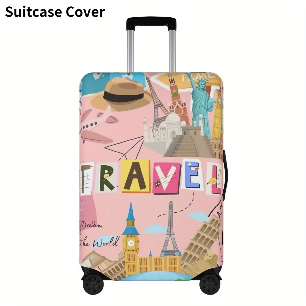 

1pc Travel-Themed Luggage Cover, 18-30 Inch Trolley Case Protector with Eiffel Tower, Statue of Liberty, and "TRAVEL" Design