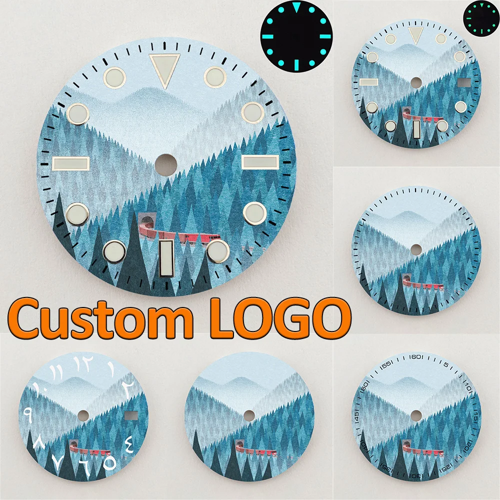 28.5mm NH35 Dial Forest Mountain Train Scenery Dial Luminous Dial NH36 Dial Watch Accessories Fits NH35/36 Movement Custom LOGO