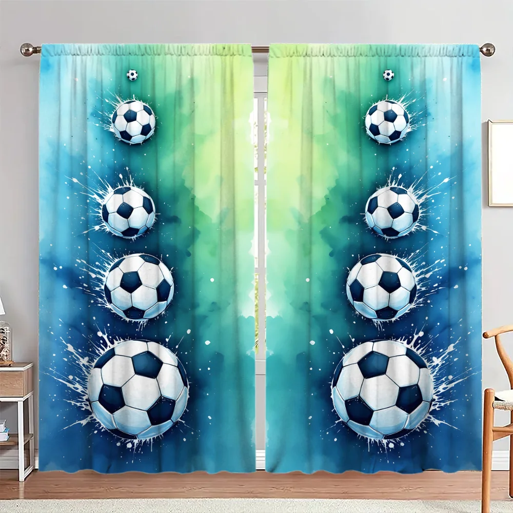 3D Soccer Ball Curtains, Football Sports Print Drapes, Kids Boys Bedroom Window Treatment, Blue Green Gradient Home Decor