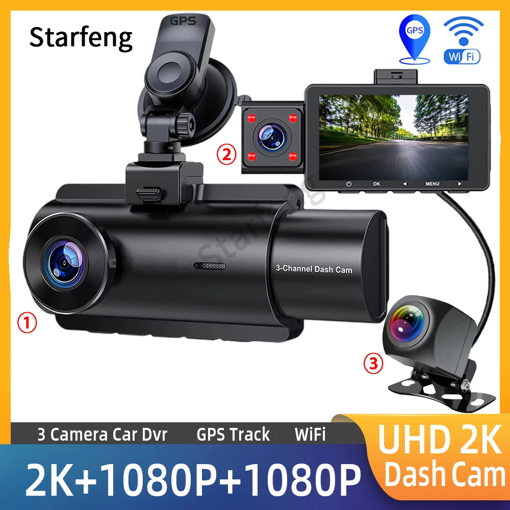 

3 Channel Car DVR Full HD 2K 3-Len Inside Vehicle Dash Cam Three Way Camera DVRs Recorder Video Registrator Mini Dashcam Camcord