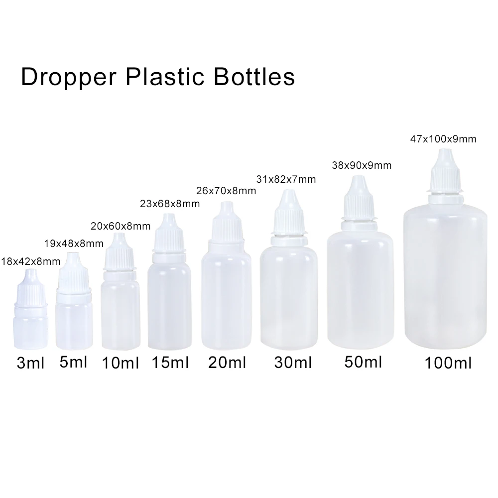 20Pcs 3ml 5ml 10ml 15ml 20ml 30ml 50ml 100ml Liquid Dropper Refillable Bottles Plastic Squeezable Eye Drops Vials Travel Paint