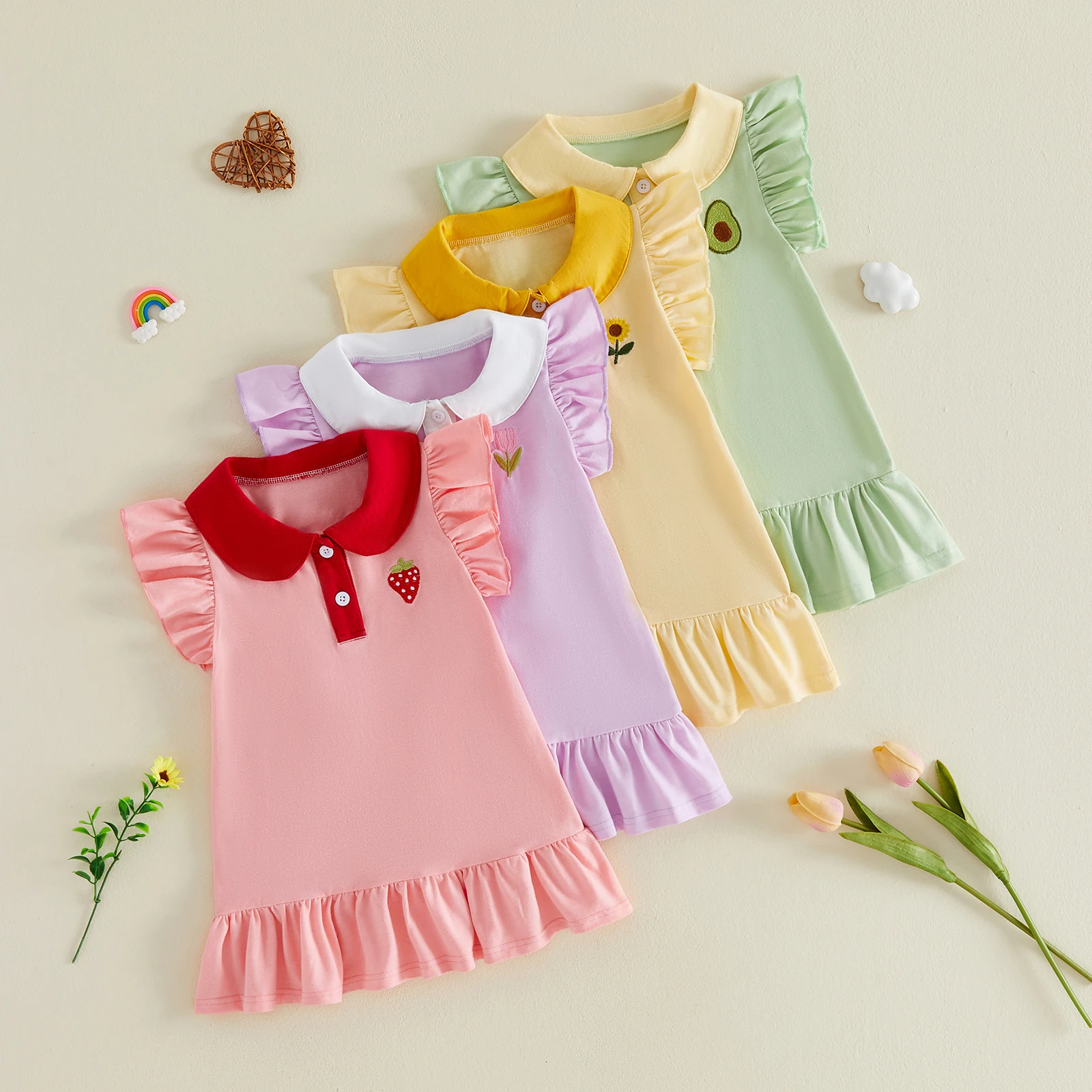 Toddler Girls Casual Dress Avocado/Sunflower/Tulip/Strawberry Embroidered Buttons Fly Sleeve Casual Dress Kids Summer Dress