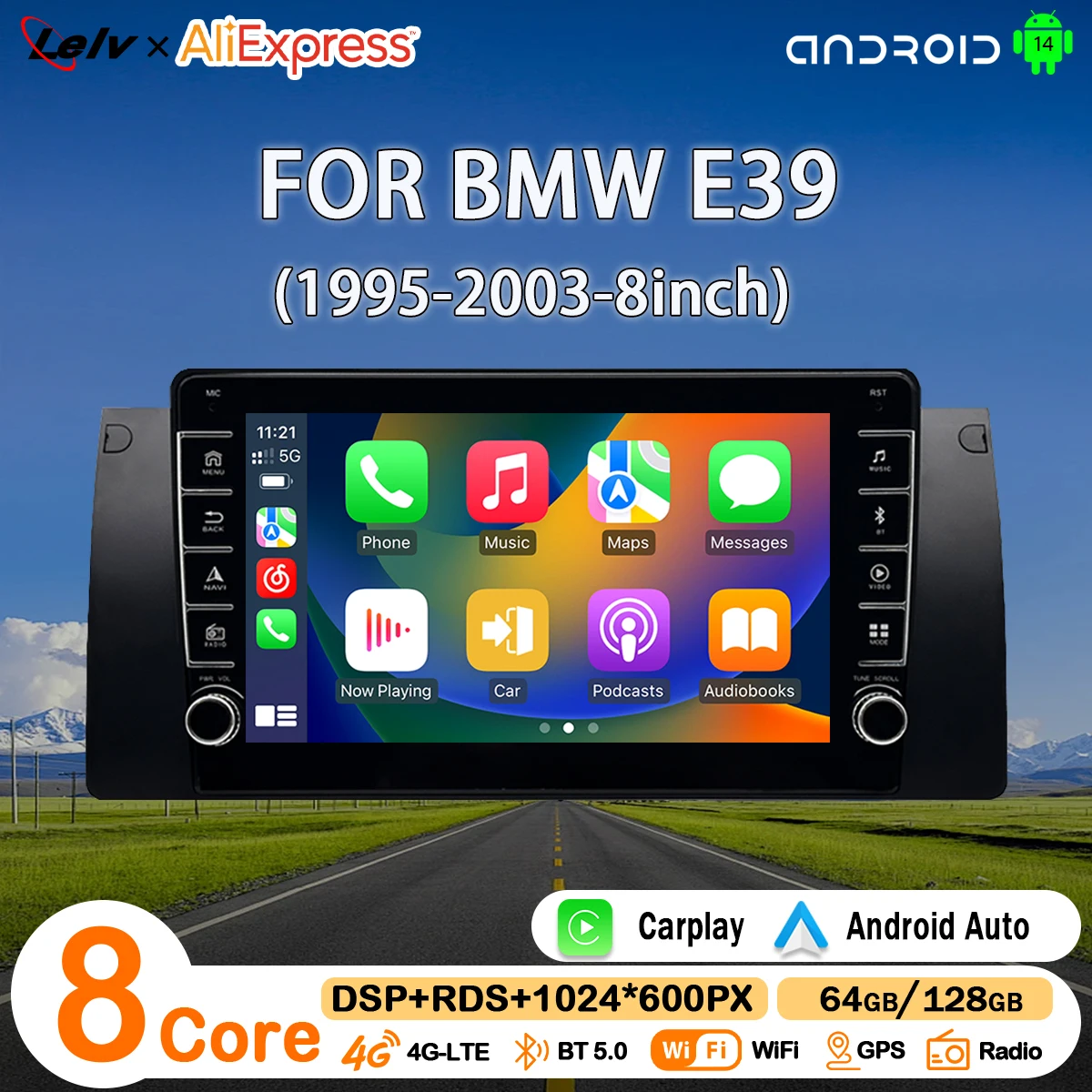 Автомагнитола LELV для BMW E39 (1995-2003, 8 дюймов) на Android 14 с беспроводным CarPlay, мультимедийный видеоплеер, GPS-навигация
