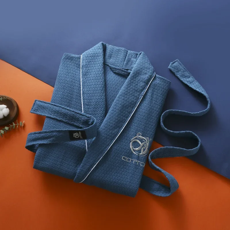 

Халат из 100% хлопка, пара, летняя свободная ночная рубашка для плавания, тонкий вафельный халат с вышивкой, одежда для сна, женская и мужская ночная рубашка, платье