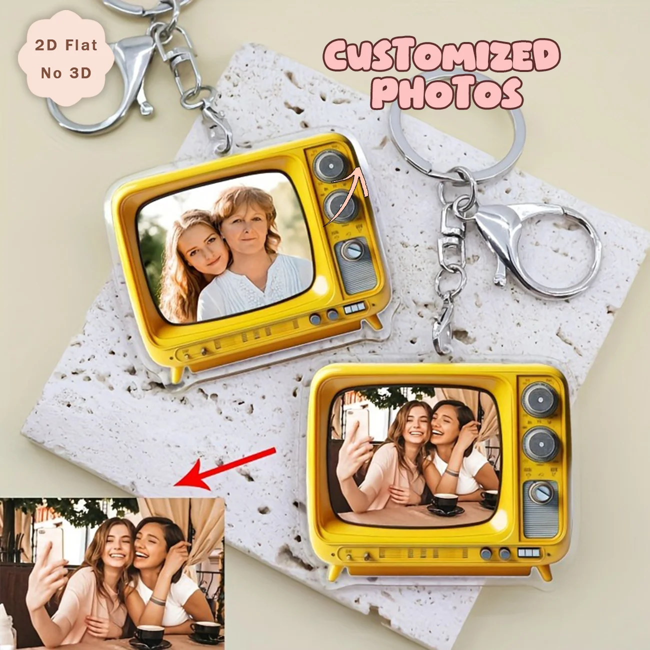 Custom Photo Retro TV‑Shaped Acrylic Keychain, Personalized 2D Flat Picture Key Ring, Custom Bag Charm, Memorial Birthday Gift