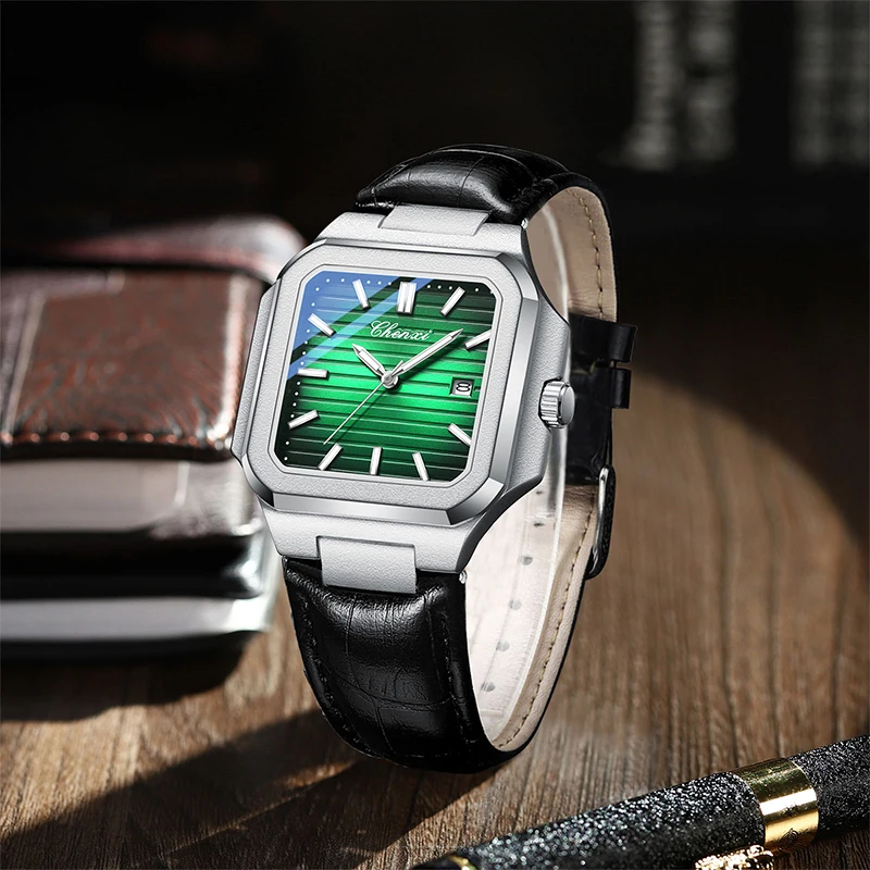 Mode élégant homme montre lumineux carré grand cadran montre-bracelet pour homme horloge étanche bracelet en cuir noir hommes montres