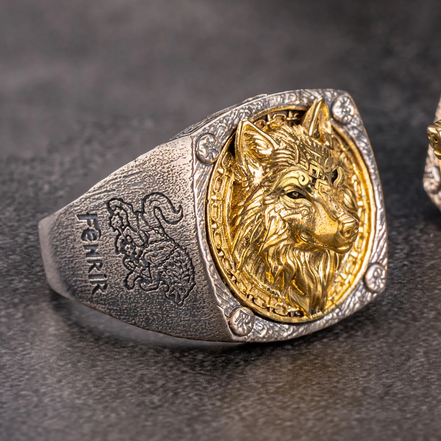 Fenrir Wolf Ring 925 Sterling Silver Norse Mythology Viking Style with Plated Wolf Head Engraving Men's Statement Jewely