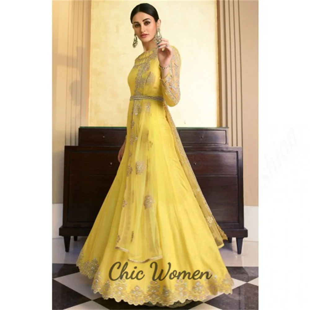 Traditional Yellow Dubai Arabic Evening Dress 2023 Pakistan Indian Floor Length Prom Dresses With Appliques Long Sleeve Formal