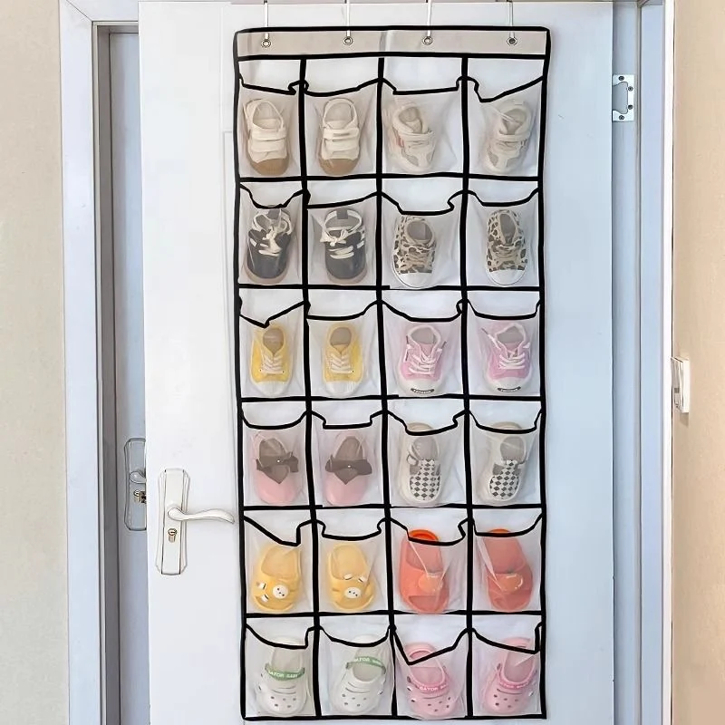 24-Fächer Wandmontierter Kleiderbügel-Organizer für Schuhe und Kleinkram, Stoff-Aufbewahrungsregal mit Netztaschen, Transparente Hängeboxen für die Tür