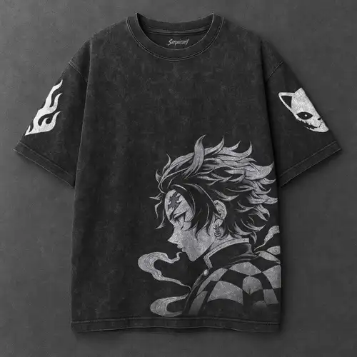Imagen 2 del producto Camiseta lavada con ácido para hombre, camiseta de Manga de Anime, camiseta lavada de Tanjiro de algodón de gran tamaño, camiseta Vintage de calle Harajuku para hombre y mujer