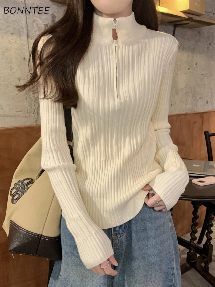 

Half-zip Pullovers Women Temperament Solid Knitted Inner Stylish Korean Fashion Autumn Winter Long Sleeve Casual Trendy Sweaters