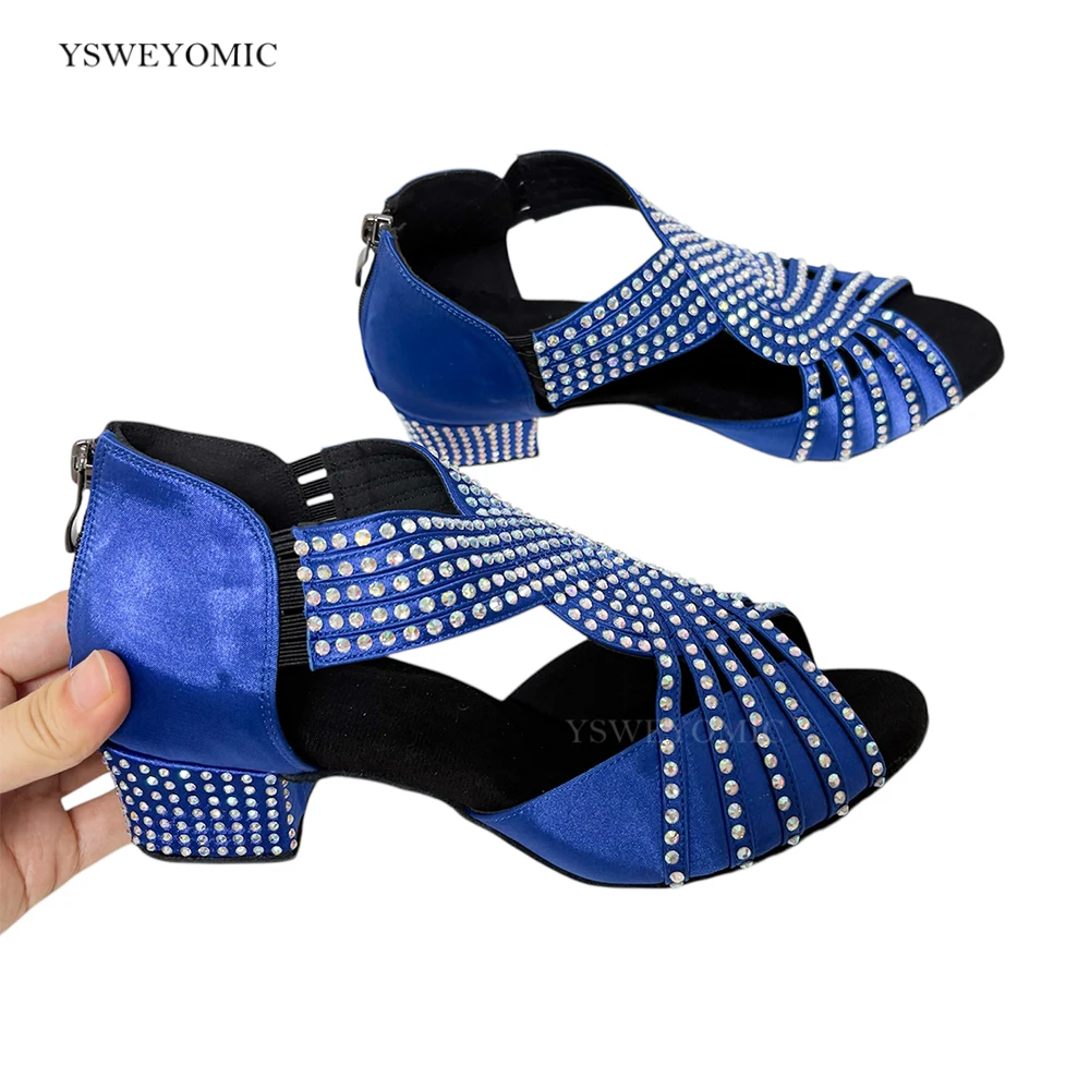 

Синие туфли для латинских танцев сальсы на низком каблуке со стразами и замшевой подошвой на молнии, обувь для латинских бальных танцев для женщин