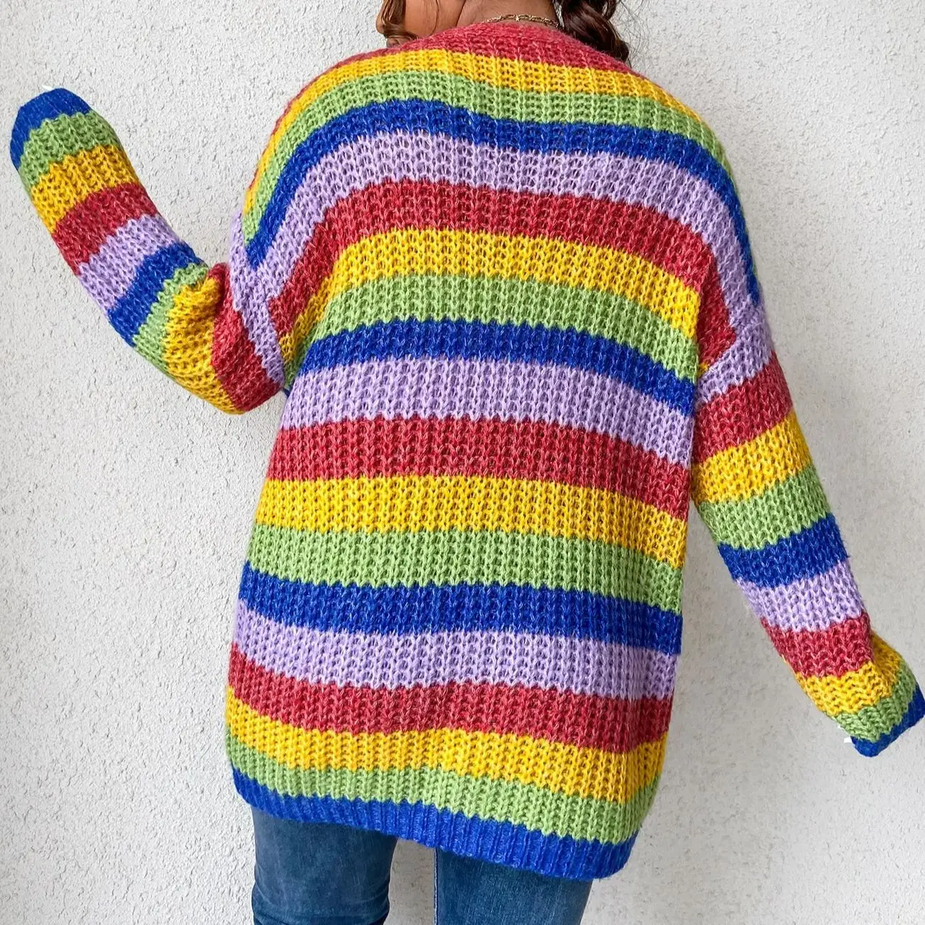 Plus  size Women\'s Plus Rainbow Striped Pattern Drop Shoulder Duster Cardigan