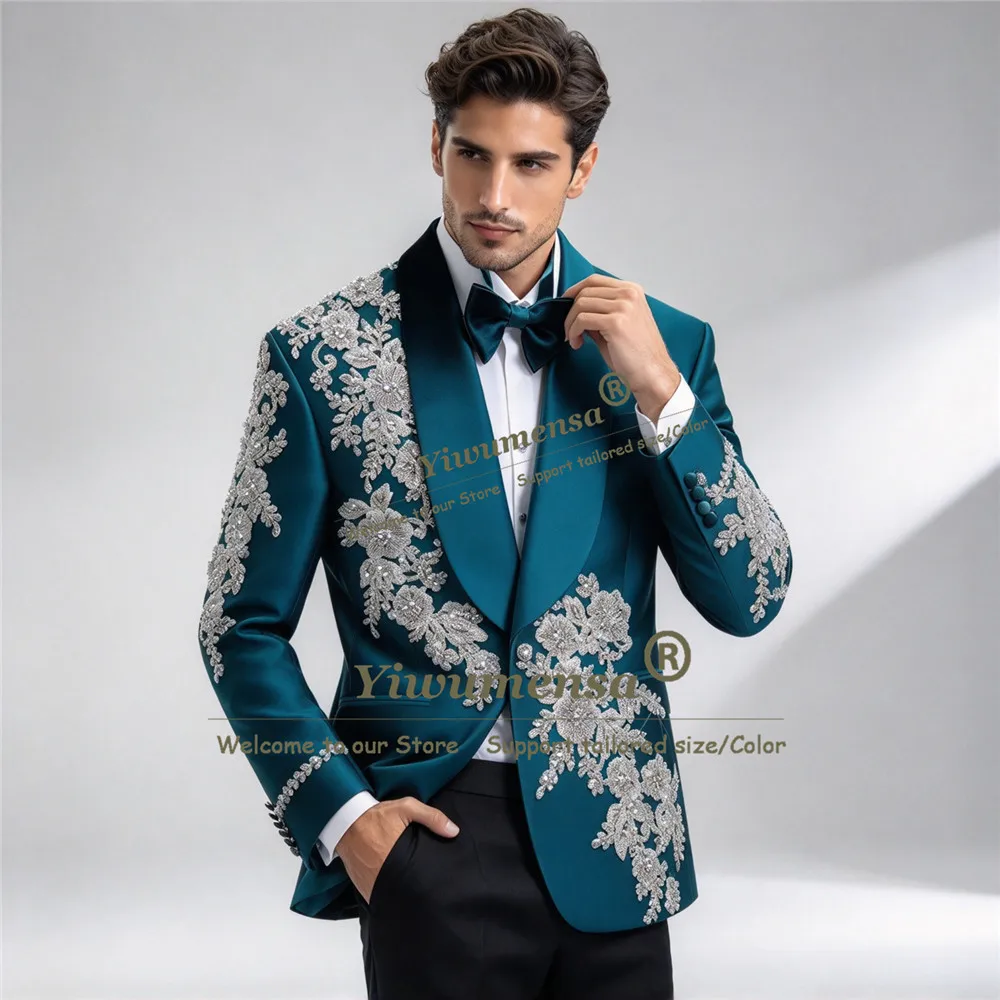 Handmade Suits Man For Wedding Shawl Lapel Beaded Stones Appliques Men's Prom Blazer Customized 2 Pieces Groom Ceremony Tuxedo