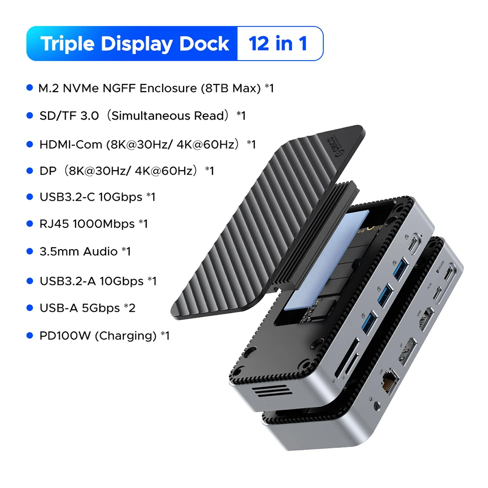 ORICO Docking Station USB-C 8 In 1 Con Alloggiamento SSD M.2 – HDMI 4K@60Hz, PD 100W, USB 10 Gbps, Lettore SD/TF, Audio