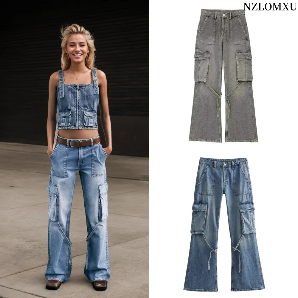 

Winter Blue New Vintage Cargo Jeans Fashion Pocket High Waist Straight Mopping Pants High Street Baggy Wide Leg Denim Trouser